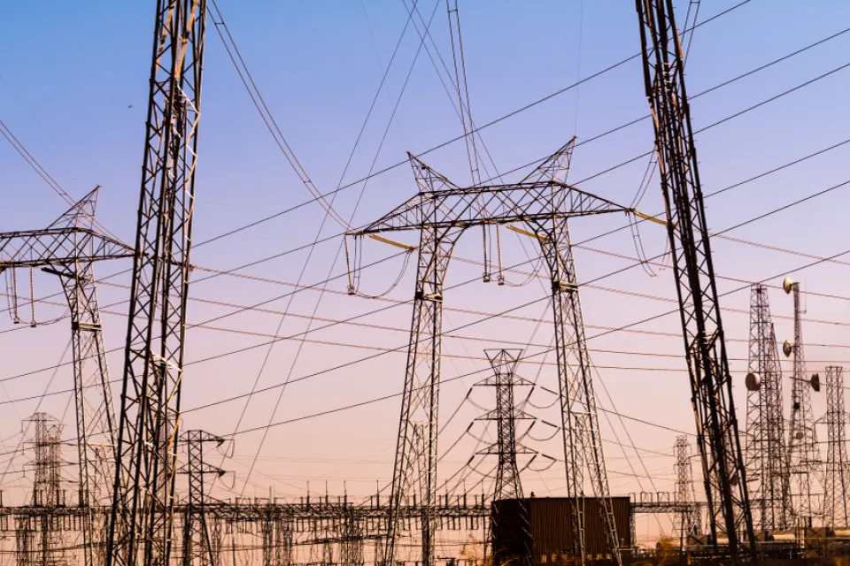 Power lines and towers at a substation